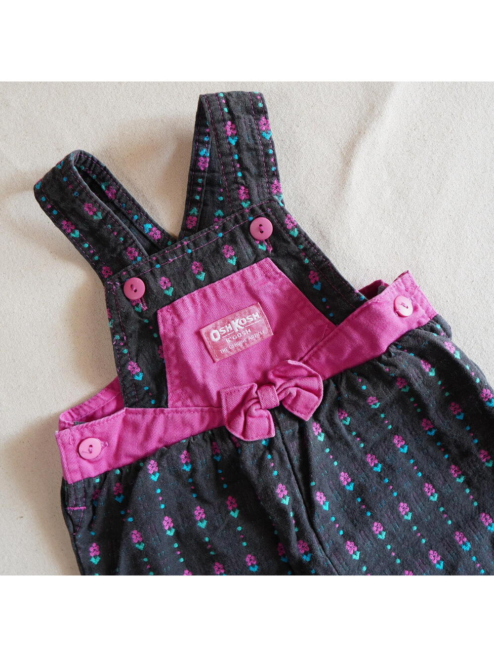 Vintage OshKosh B'gosh Baby Girl 18M Woven Cotton Floral Overalls 90's USA
